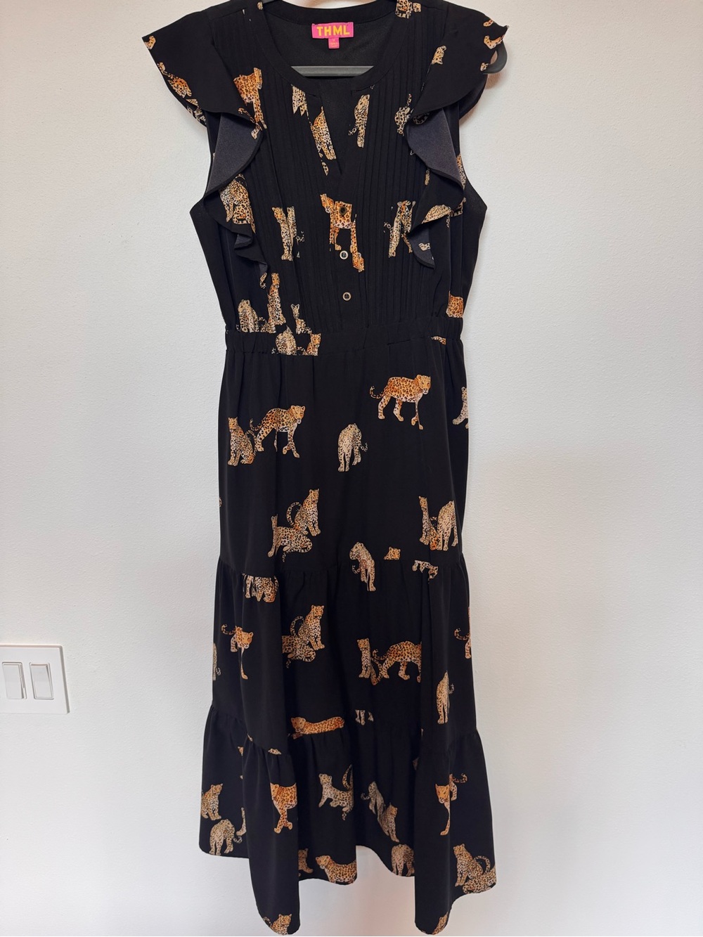 THML Black Maxi Dress with Gold Leopard Print and Ruffle Sleeves